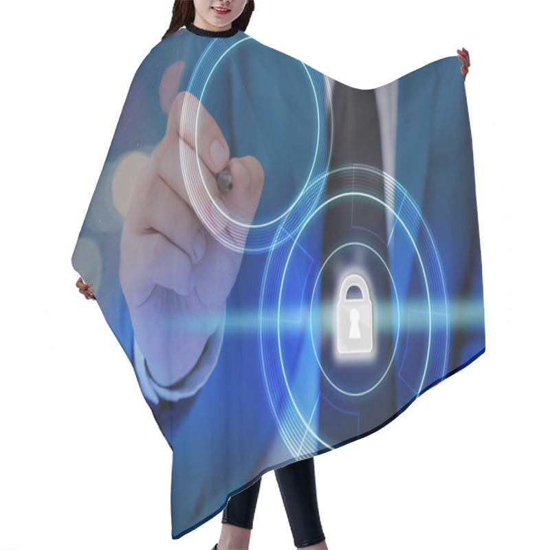 Personality  Graphics Of Latest Digital Technology Protection Data Padlock Security On The Virtual Display. Businessman With Lock To Secure. Hair Cutting Cape