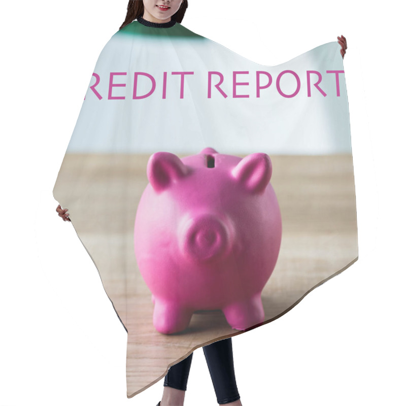 Personality  Pink Piggy Bank On Wooden Desk Near Credit Report Lettering In Office  Hair Cutting Cape