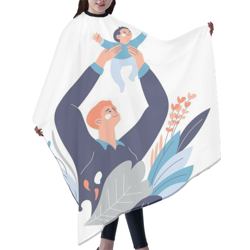 Personality  Father Throws Baby In The Air And Catches Kid, Isolated Dad Playing With Toddler Child. Man With Kiddo Spending Time Together, Activities And Lifestyle Of Parent, Childhood. Vector In Flat Style Hair Cutting Cape