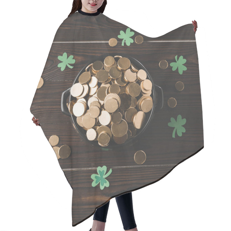 Personality  Top View Of Pot With Golden Coins And Shamrock On Wooden Table, St Patricks Day Concept Hair Cutting Cape