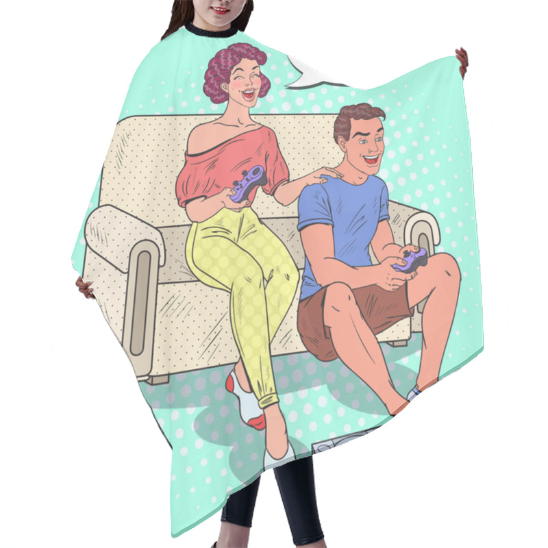 Personality  Pop Art Couple Playing Video Game. Girl And Guy With Console Joystick. Vector Illustration Hair Cutting Cape