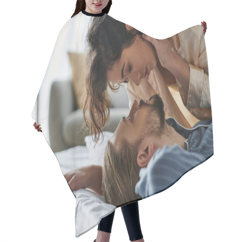 Personality  A Loving Couple Share A Tender Moment In Bed, Enjoying Each Others Company. Hair Cutting Cape