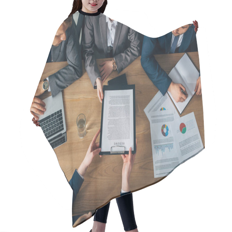 Personality  Overhead View Of Employee Holding Resume Near Recruiters At Table  Hair Cutting Cape