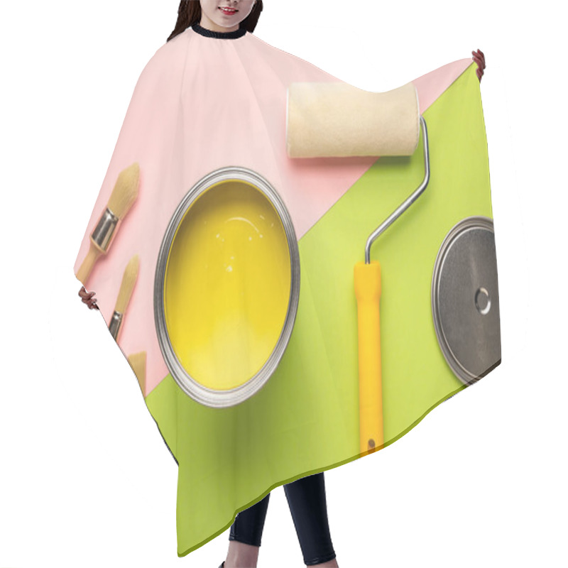 Personality  Top View Of Tin With Yellow Paint, Brushes And Paint Roller On Pink And Green Surface Hair Cutting Cape