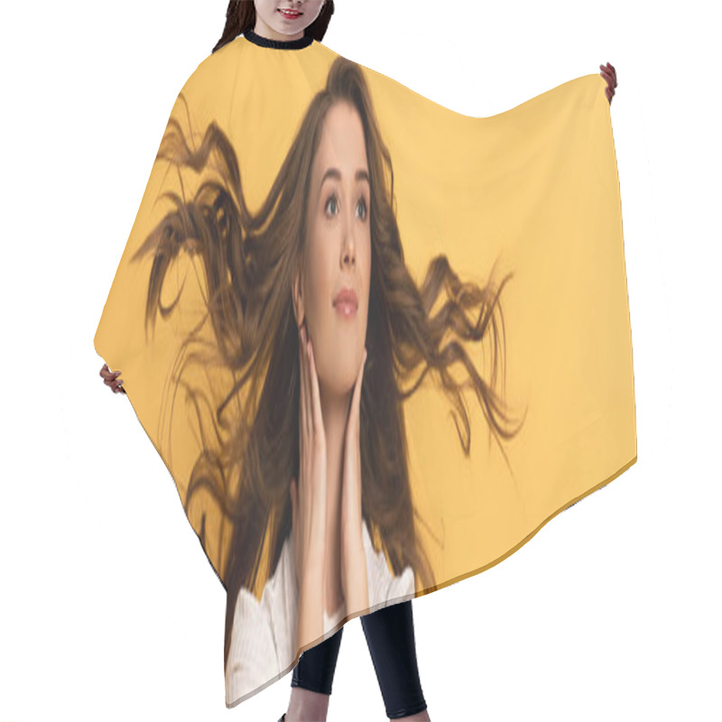 Personality  Panoramic Shot Of Beautiful Positive Spring Woman With Long Hair Isolated On Yellow Hair Cutting Cape