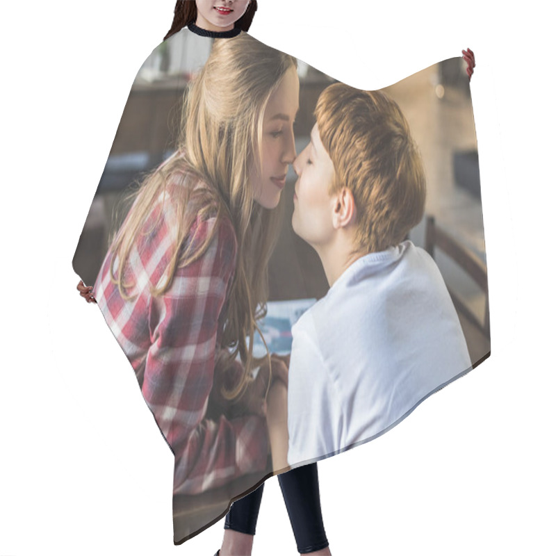 Personality  Happy Young Lesbian Couple Kissing And Holding Hands Hair Cutting Cape