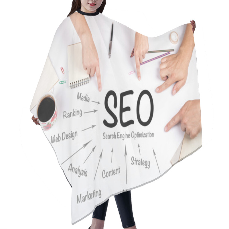 Personality  SEO Search Engine Optimization Concept. The Meeting At The White Hair Cutting Cape