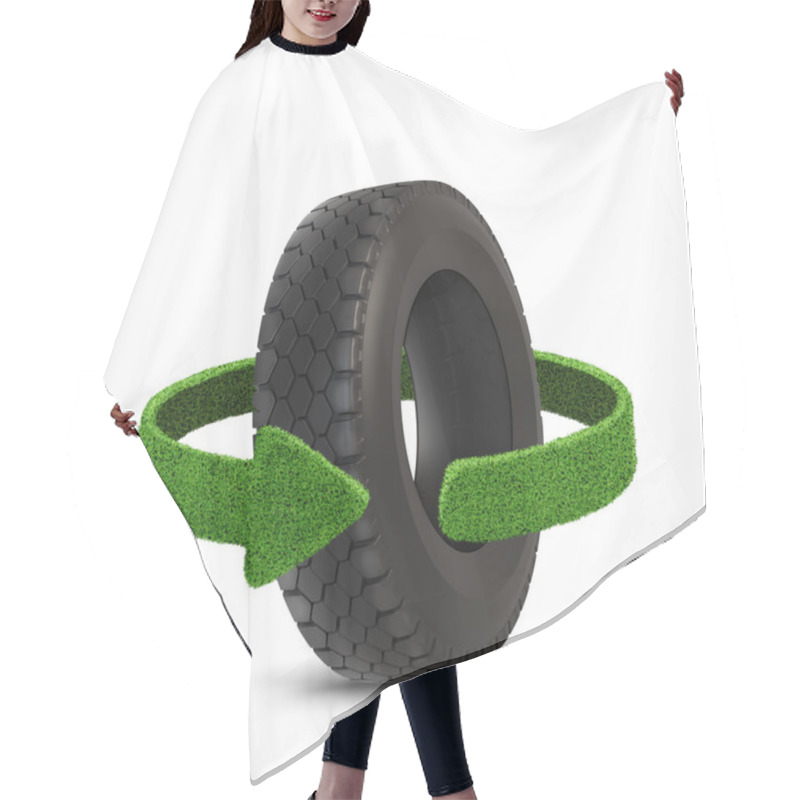 Personality  Car Tyre. Concept With Green Arrows From The Grass. Recycling Concept Hair Cutting Cape