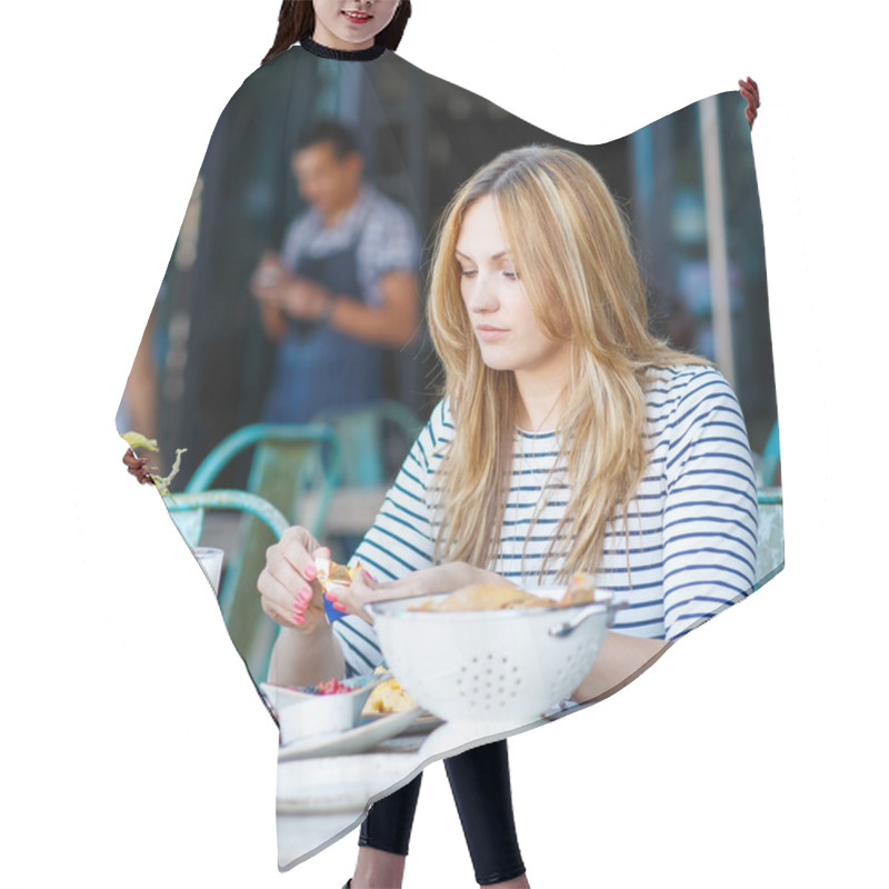 Personality  Young Woman Having Healthy Breakfast In Outdoor Cafe Hair Cutting Cape