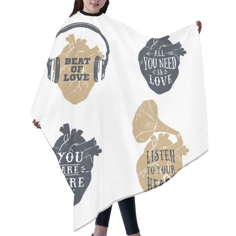 Personality  Romantic Posters With Human Heart, Headphones, Gramophone Horn Vector Illustrations. Hair Cutting Cape