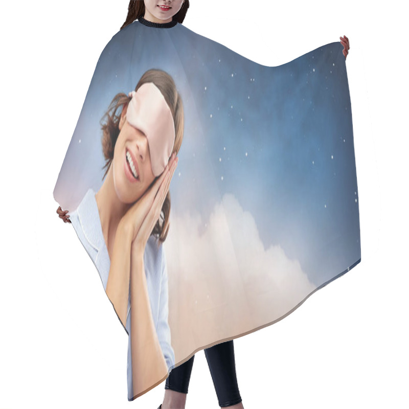 Personality  Happy Young Woman In Pajama And Eye Sleeping Mask Hair Cutting Cape