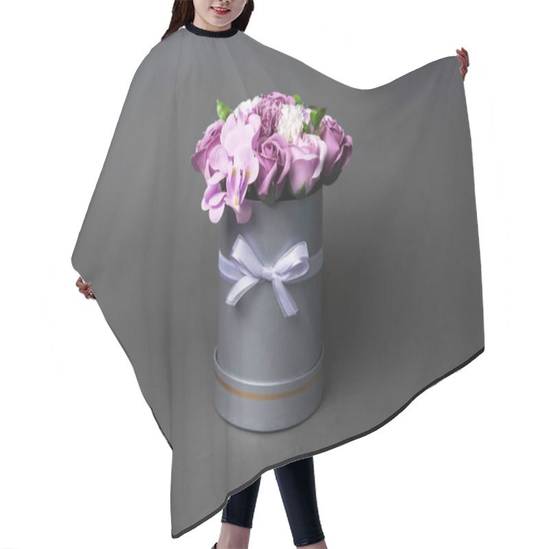 Personality  Flowers In Bloom: Bouquet Of Lilac And White Roses In A Gray Round Box On A Gray Background. Hair Cutting Cape