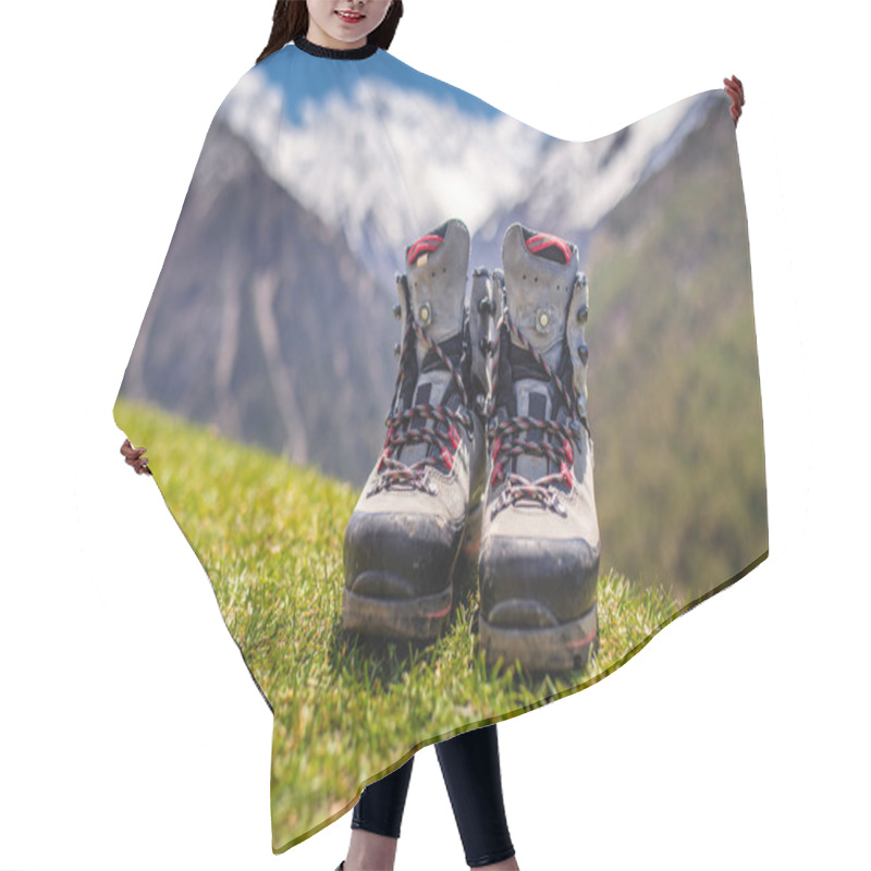 Personality  Old Hiking Shoes And Alpine Landscape At Background Hair Cutting Cape