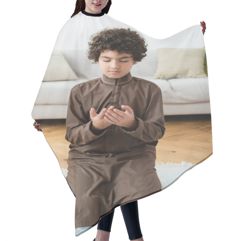 Personality  Curly Arabian Child Praying On Traditional Rug At Home  Hair Cutting Cape