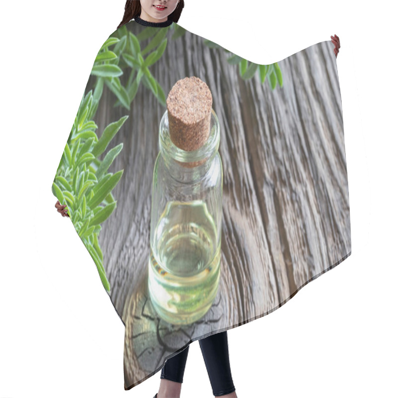 Personality  A Bottle Of Mountain Savory Essential Oil With Satureja Montana Twigs And Copy Space Hair Cutting Cape