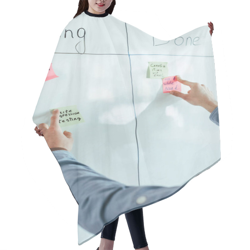 Personality  Cropped View Of Scrum Master Putting Stickers On White Board With Spreadsheet With Doing And Done Lettering Hair Cutting Cape