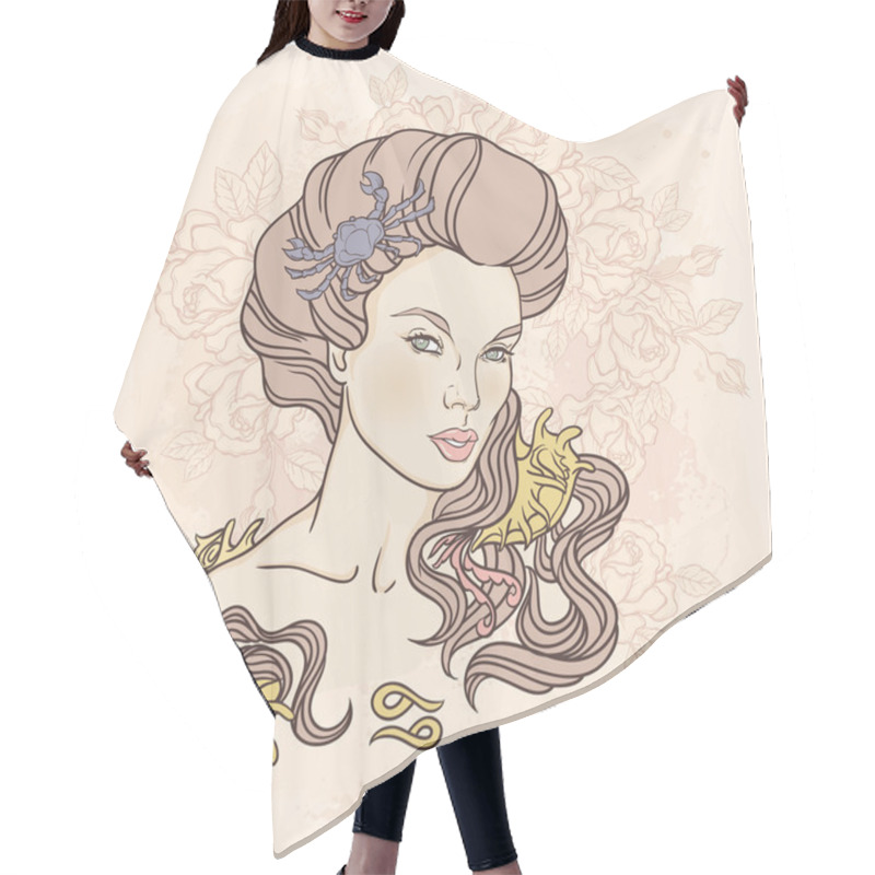 Personality  Zodiac. Vector Illustration Of Cancer As Girl With Flowers. Desi Hair Cutting Cape