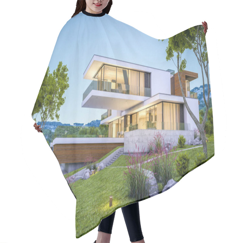 Personality  3d Rendering Of Modern Cozy House By The River With Garage For Sale Or Rent With Beautiful Mountains On Background. Clear Summer Evening With Blue Sky. Cozy Warm Light From Window. Hair Cutting Cape