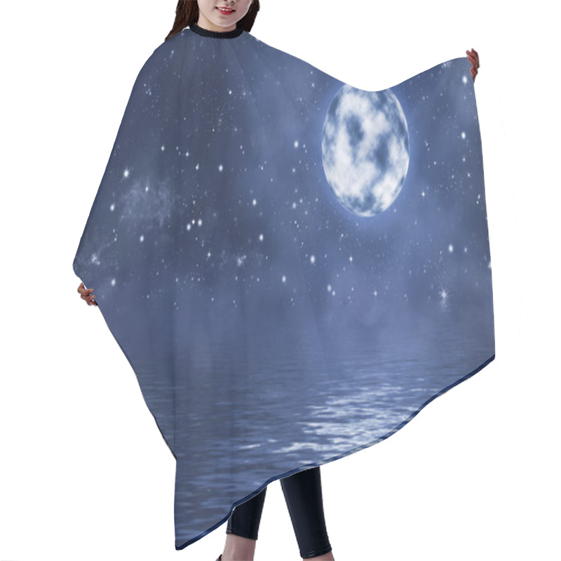 Personality  Full Moon On Star Background With Nebula, Reflection In Water With Waves Hair Cutting Cape