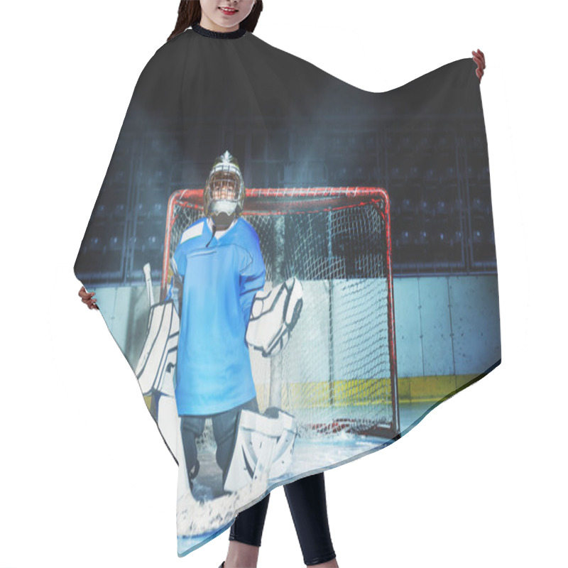 Personality  Portrait Of Young Goaltender Standing In Kneeling Position While Guarding His Net During Hockey Game Hair Cutting Cape