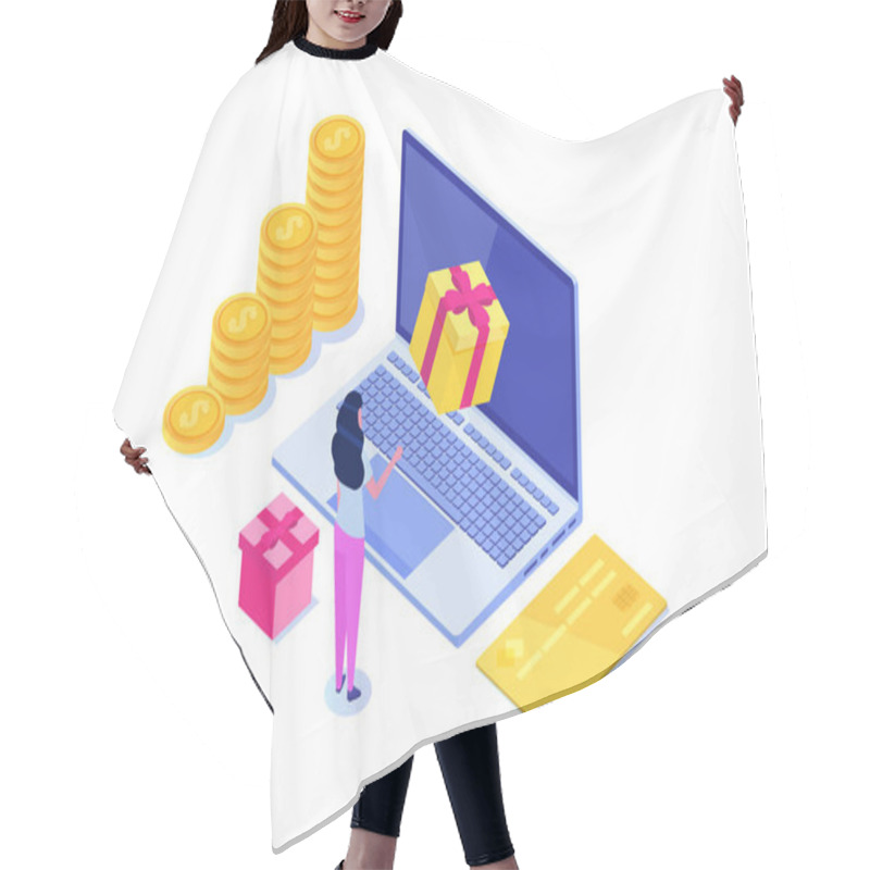 Personality  Discount, Loyalty Card Program And Customer Service. Vector Isometric Illustration. Hair Cutting Cape