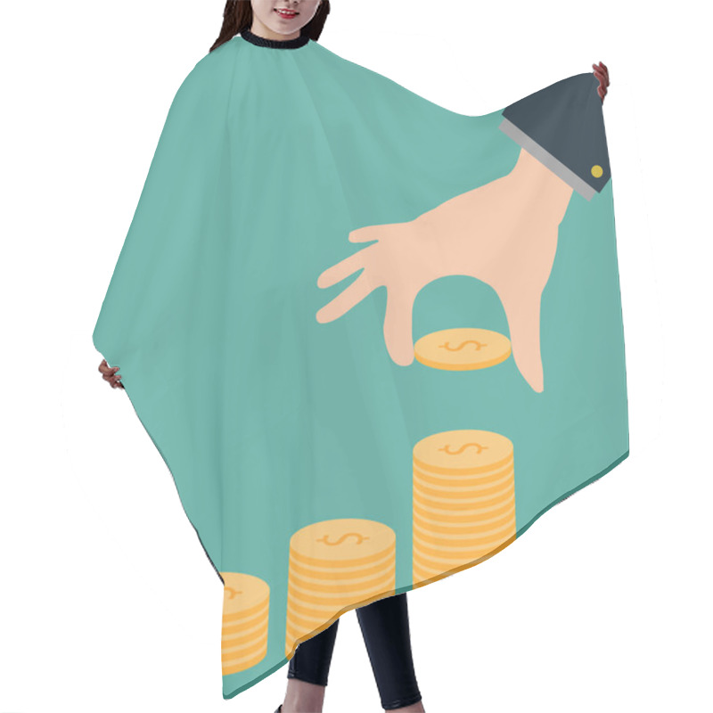 Personality  Hands Stacking Coins. Human Hand Putting Coin To Stack Of Coins On Green Background. Investment, Saving Money Or Finance Growth Business. Hand Put Coin To Money Staircase.  Hair Cutting Cape