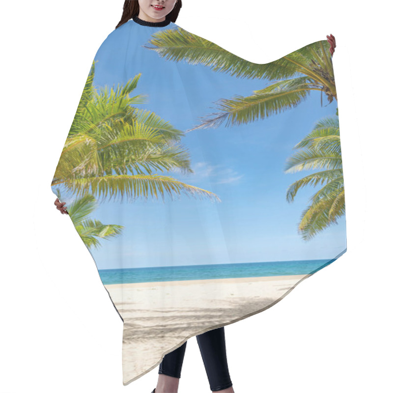 Personality  Summer Background Of Coconut Palm Trees On White Sandy Beach Landscape Nature View Romantic Ocean Bay With Blue Water And Clear Blue Sky Over Sea At Phuket Island Thailand. Hair Cutting Cape