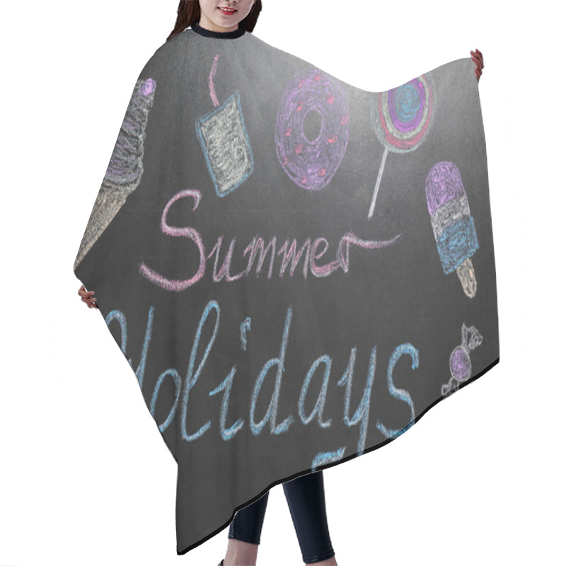 Personality  Inscription Summer Holidays And Different Drawings On Blackboard. School Break Hair Cutting Cape