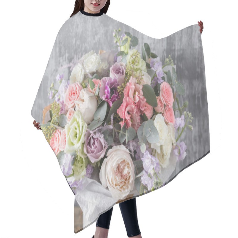 Personality  Close-up Beautiful Bouquet. Spring Flowers On Gray Background. Flower Shop Hair Cutting Cape