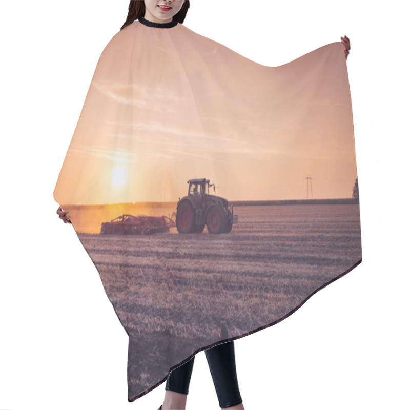 Personality  Tractor Plowing During Sunset Hair Cutting Cape