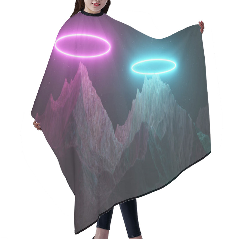 Personality  Beautiful Minimalist Fantastic Landscape. Bright Neon Circles Among The Mountains Against The Background Of A Rotating Night Starry Sky. 3d Illustration. Blue Pink Spectrum Hair Cutting Cape