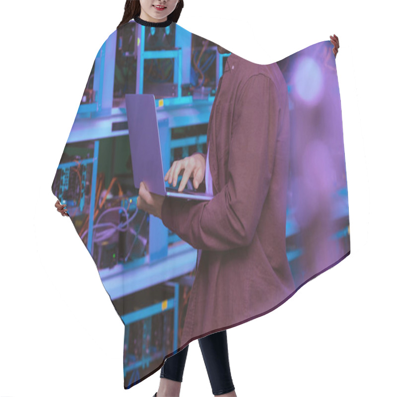 Personality  Cropped Shot Of Young Computer Engineer Working With Laptop At Ethereum Mining Farm Hair Cutting Cape