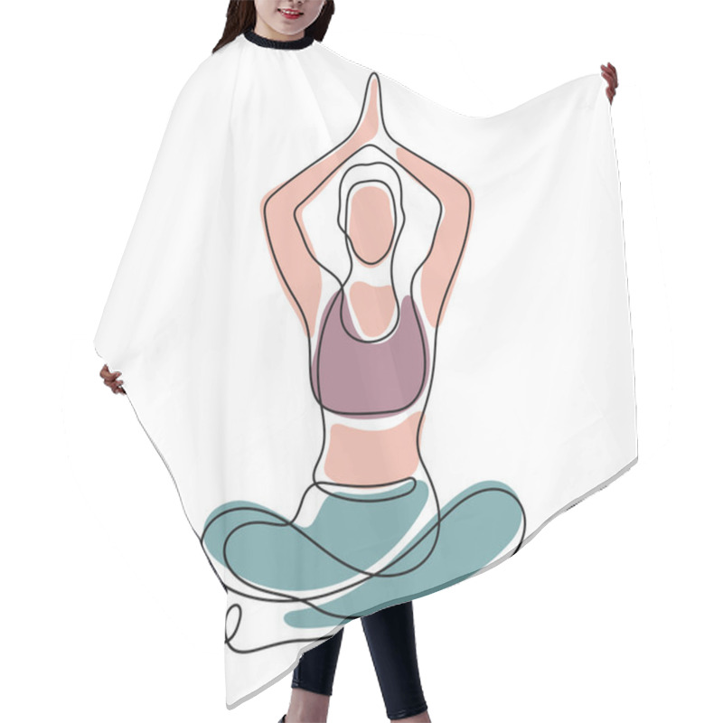 Personality  Woman Sitting In Lotus Position And Meditating. Yoga Practicing Continuous Line Vector Illustration. Hair Cutting Cape