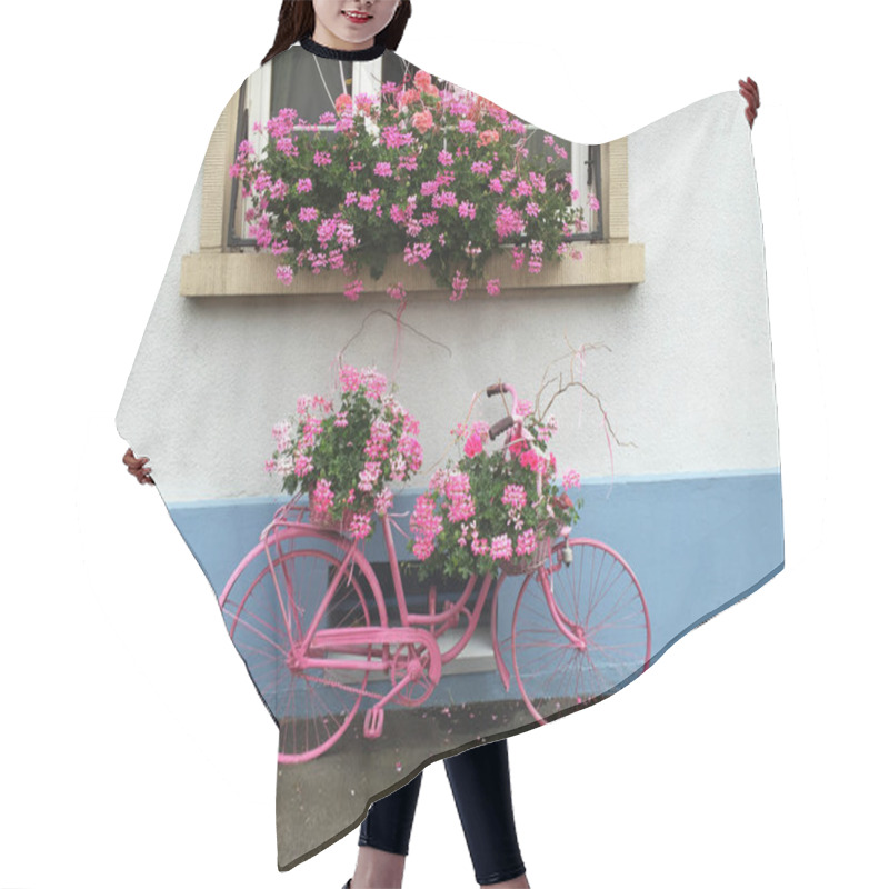 Personality  Pink Painted Old Bike Like Flowers Support. Picturesque Street Decoration In Alsace. Hair Cutting Cape