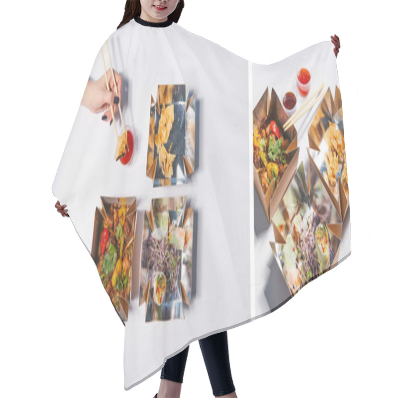 Personality  Collage Of Woman Holding Chopsticks With Dumpling Near Sauce And Takeaway Boxes With Prepared Chinese Food On White  Hair Cutting Cape