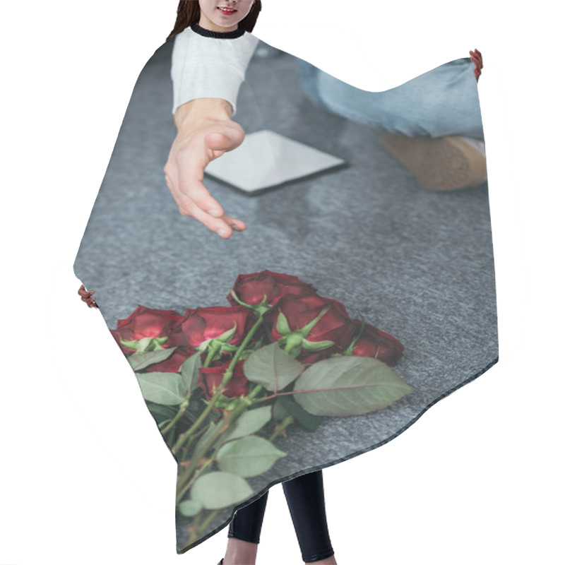 Personality  Cropped View Of Man And Flowers On Floor In Robbed Apartment  Hair Cutting Cape