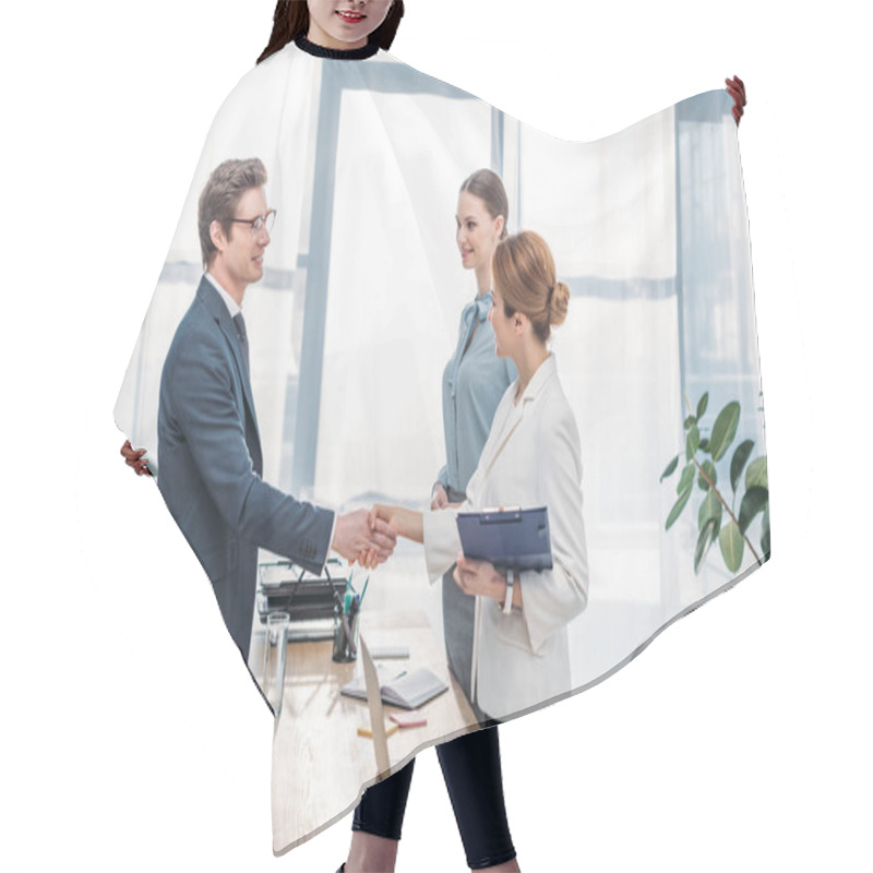 Personality  Happy Employee Shaking Hands With Recruiter On Job Interview  Hair Cutting Cape