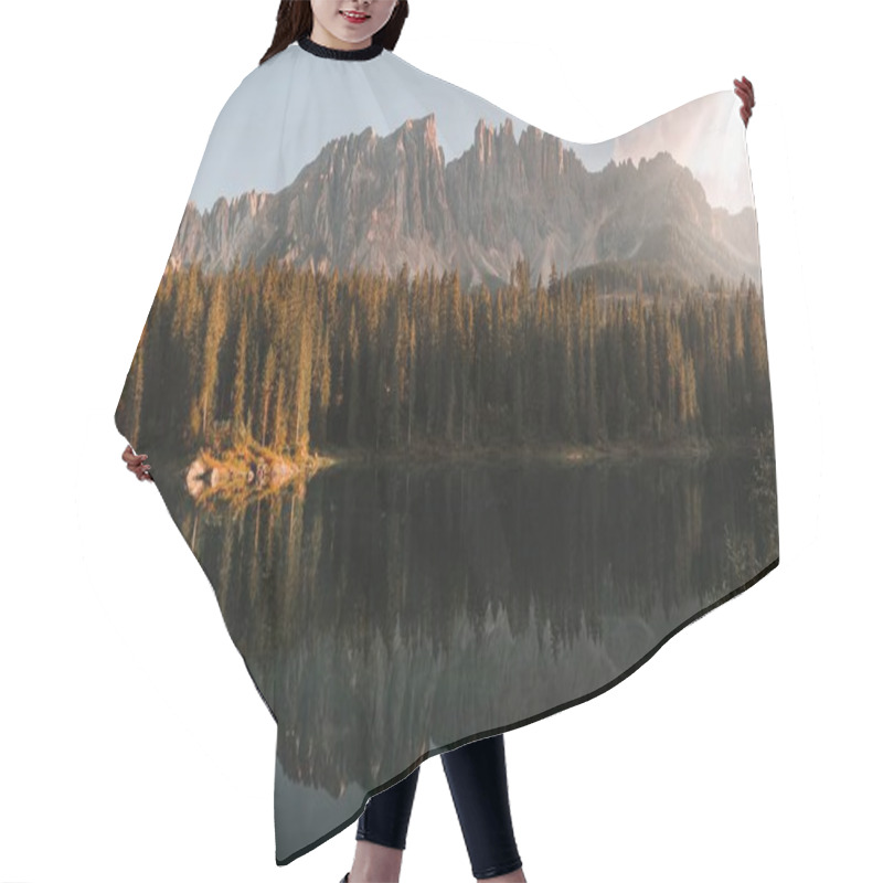 Personality  A Scenic View Of A Calm Lake With The Reflection Of Trees And The Dolomites Mountains In Italy Hair Cutting Cape