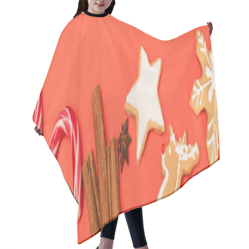 Personality  Top View Of Candy Canes, Spices And Gingerbread Cookies On Red Background, Banner Hair Cutting Cape