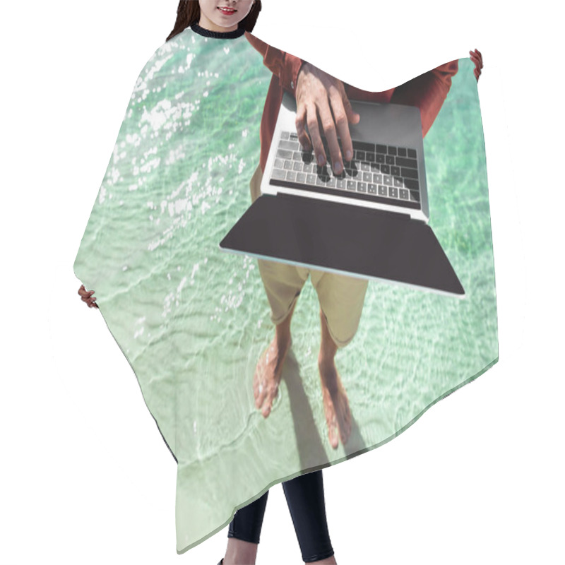 Personality  Top View Of Freelancer With Laptop Standing In Turquoise Water Hair Cutting Cape