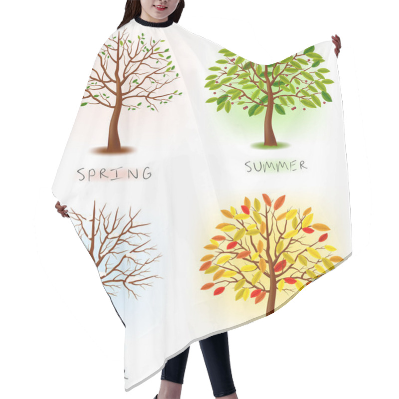 Personality  Four Seasons - Spring, Summer, Autumn, Winter. Art Tree Beautiful For Your Design. Vector Illustration. Hair Cutting Cape