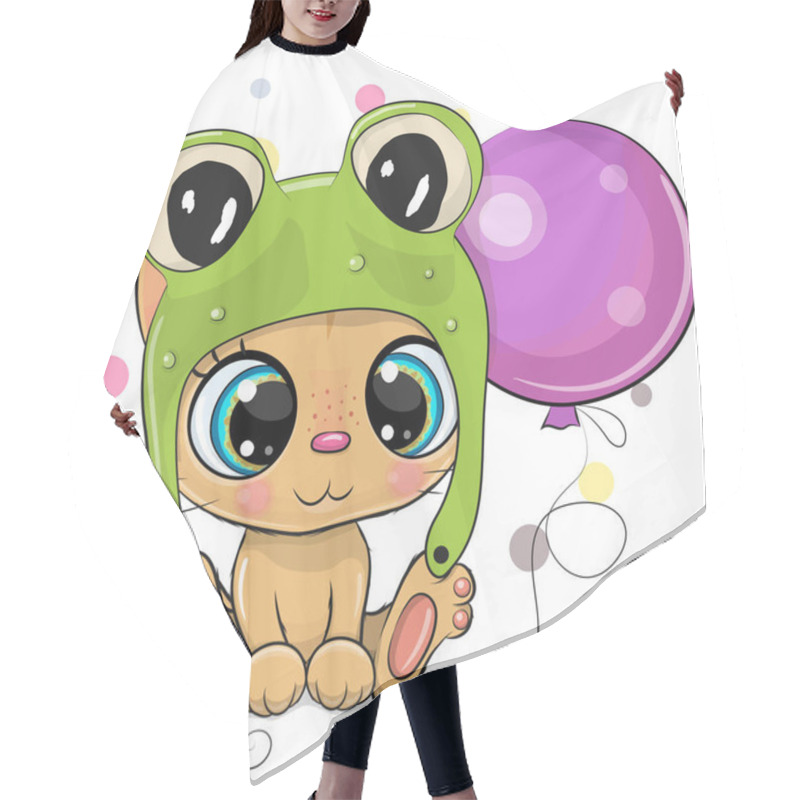 Personality  Greeting Card Cute Cartoon Orange Kitten In A Frog Hat With Balloon Hair Cutting Cape