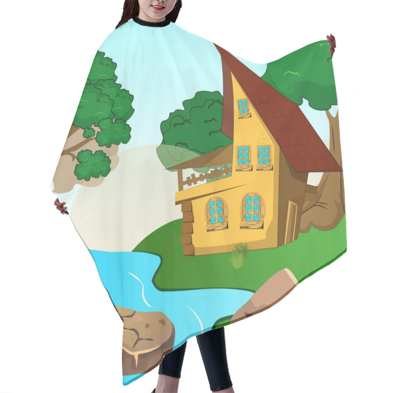 Personality  House Inside Green Fields Illustration Of A Cartoon House Hair Cutting Cape