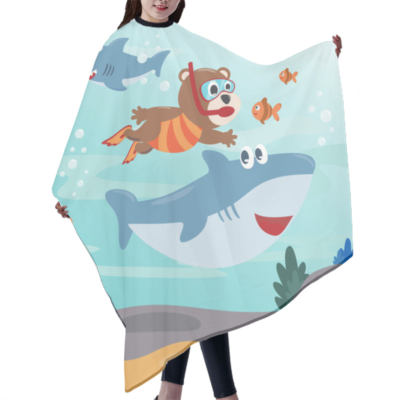 Personality  Diving With Funny Bear And Shark With Cartoon Style. Creative Vector Childish Background For Fabric, Textile, Nursery Wallpaper, Poster, Card, Brochure. Vector Illustration Background. Hair Cutting Cape