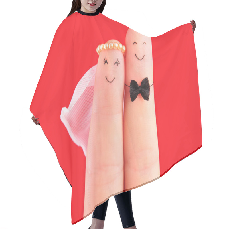 Personality  Newlyweds Hug Painted At Fingers Isolated On Red Background Hair Cutting Cape