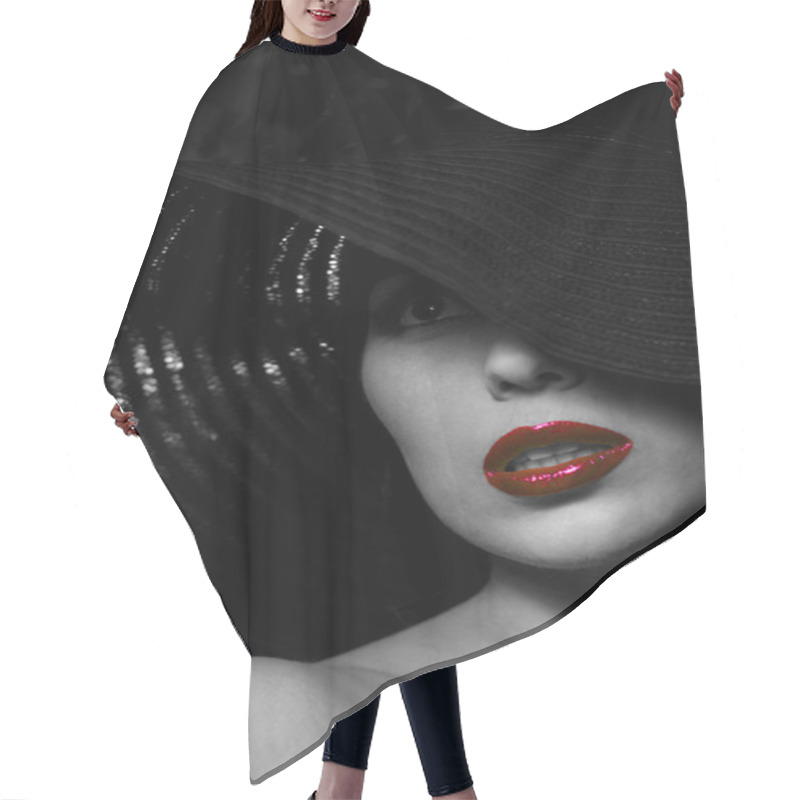 Personality  Mysterious Woman In Black Hat. Red Lips Hair Cutting Cape