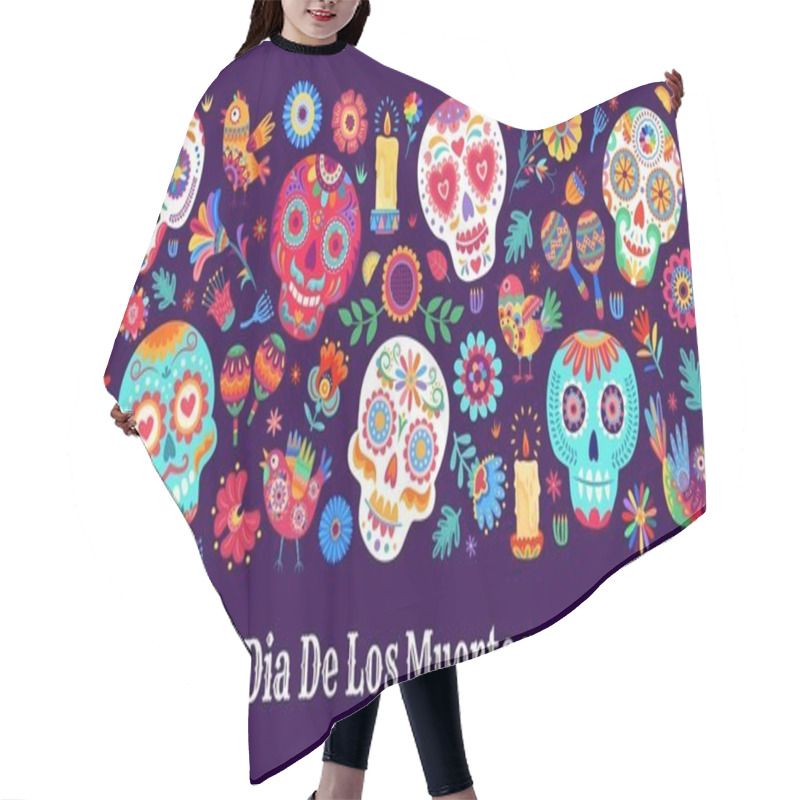 Personality  Dia De Los Muertos Mexican Holiday. Day Of The Dead Banner With Vector Pattern Of Mexico Halloween Sugar Skulls, Candles And Flowers, Maracas And Alebrije Birds, Bright Color Marigolds And Leaves Hair Cutting Cape