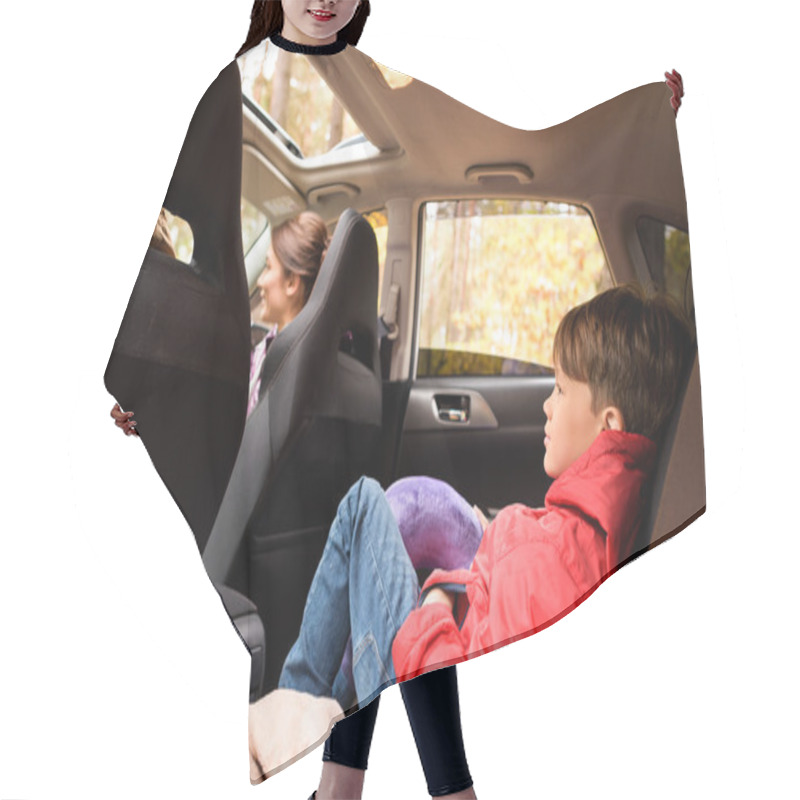 Personality  Smiling Boy In Back Seat Of Car Hair Cutting Cape