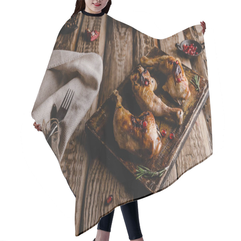 Personality  Close-up Shot Of Delicious Grilled Chicken Legs On Wooden Board With Cutlery Hair Cutting Cape