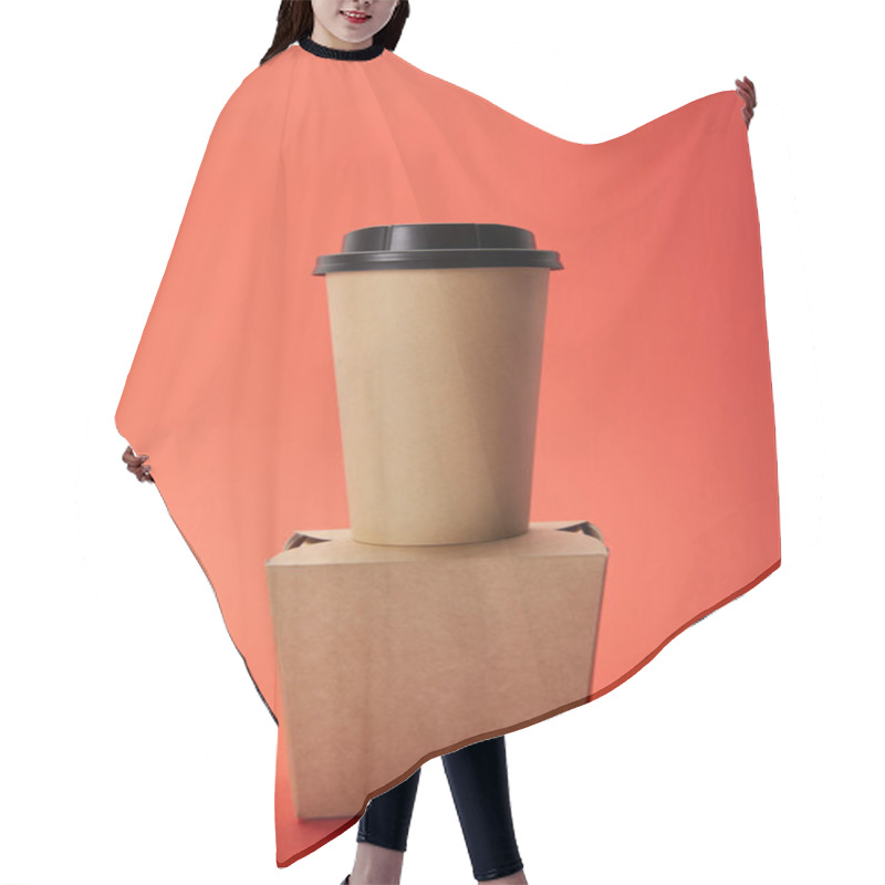 Personality  Close Up View Of Disposable Coffee Cup And Noodle Box On Red, Minimalistic Concept  Hair Cutting Cape